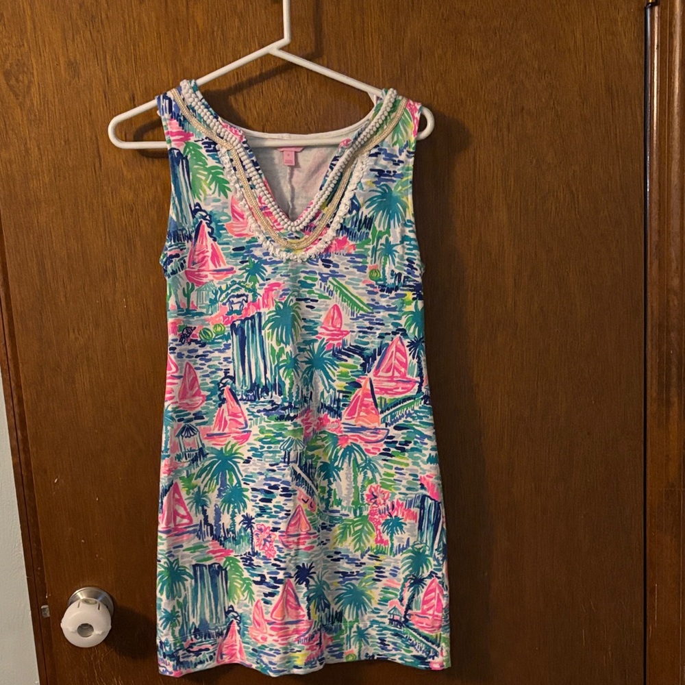 Lilly Pulitzer Pink, Blue & Green Tropical Print Sleeveless Dress
